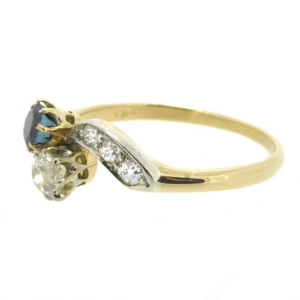 Vintage Sapphire Diamond Ring Cross-Over Twist Diamond Shoulders, circa 1930s 2