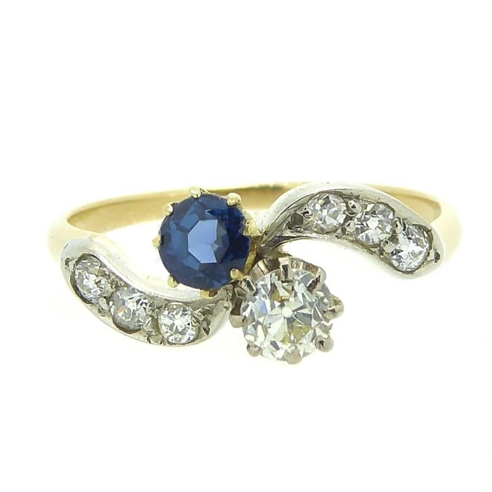 Vintage Sapphire Diamond Ring Cross-Over Twist Diamond Shoulders, circa 1930s 3
