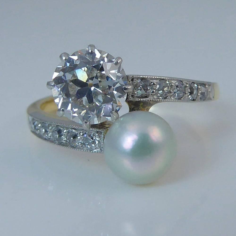 Art Deco Old European Cut Diamond and Cultured Pearl Vintage Dress Ring, Two Stone