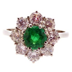 Vintage Emerald and Diamond Cluster Style Engagement Ring 18 Carat White Gold