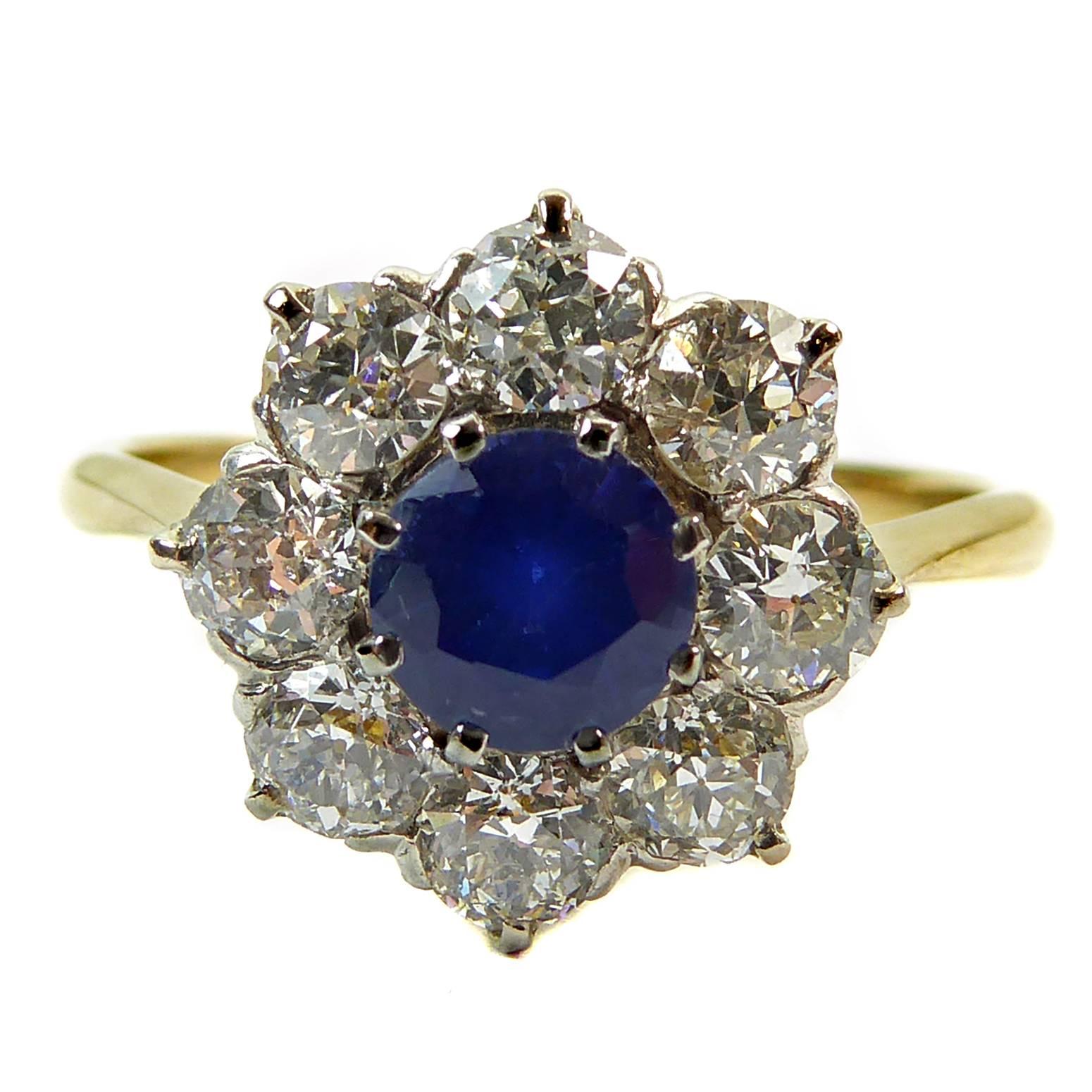 Vintage Sapphire and Diamond Cluster Engagement Ring, Old European Cut Diamonds 