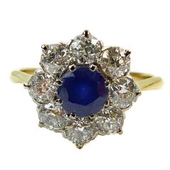 Vintage Sapphire and Diamond Cluster Engagement Ring, Old European Cut Diamonds 