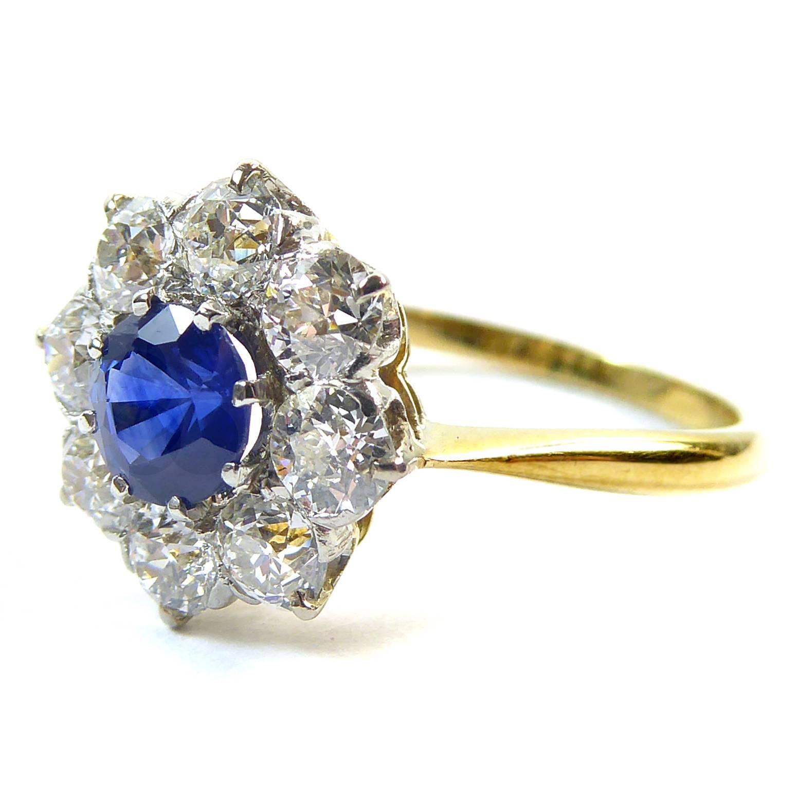 Vintage Sapphire and Diamond Cluster Engagement Ring, Old European Cut Diamonds  In Excellent Condition In Yorkshire, West Yorkshire