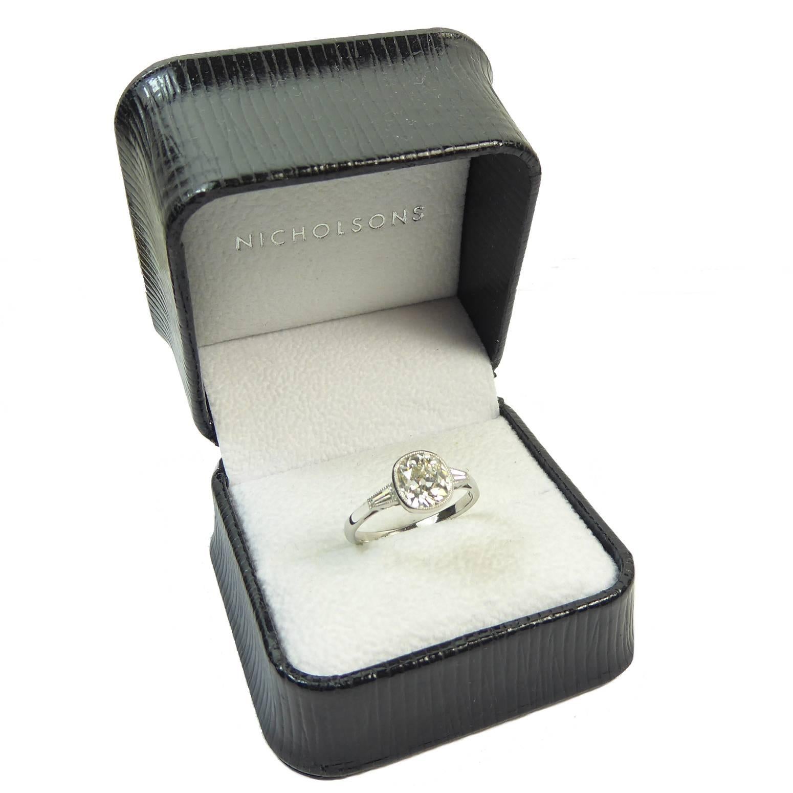Art Deco Vintage Old-Cut Diamond Solitaire Ring, 1.60 Carat, in Platinum Setting