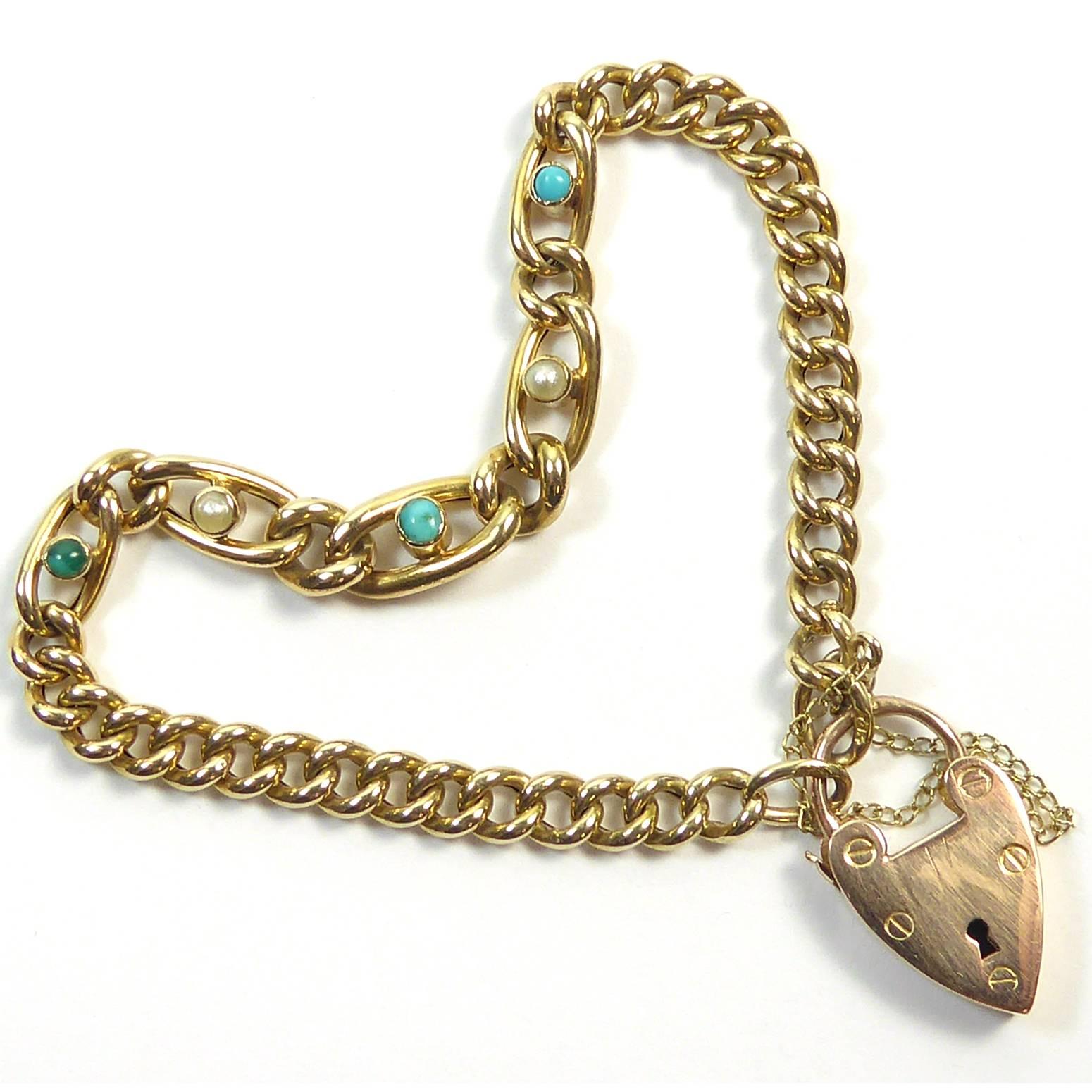 
    Late Victorian
    Graduate Curb Links
    Turquoise & Pearl Set
    Padlock
    Hallmarked 9ct gold London

A late Victorian curb style link bracelet crafted in 9ct gold.  A very pretty turquoise and pearl set centre panel lifts the design