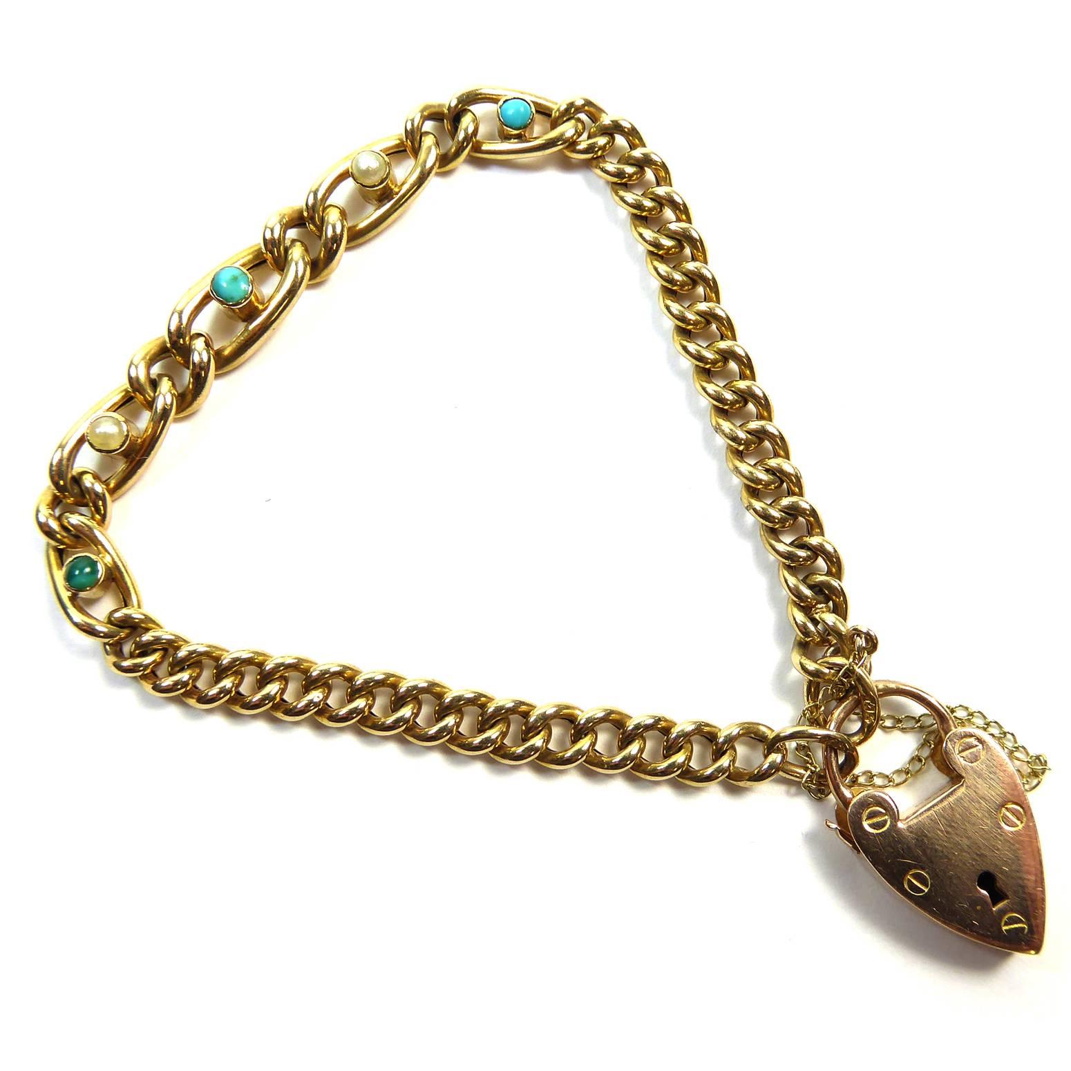 Late Victorian Turquoise Pearl Bracelet and Padlock, London Hallmark In Excellent Condition In Yorkshire, West Yorkshire