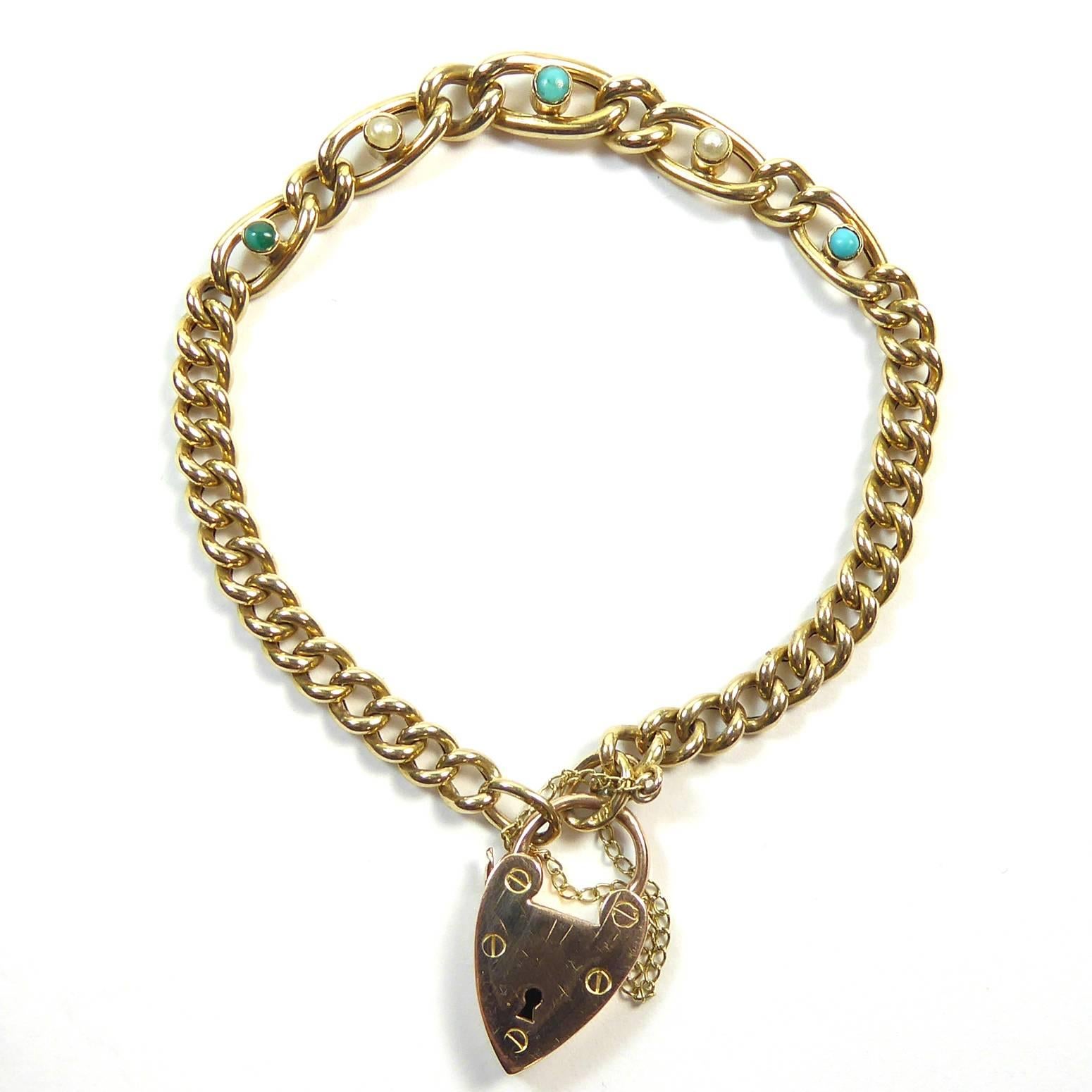 Women's Late Victorian Turquoise Pearl Bracelet and Padlock, London Hallmark
