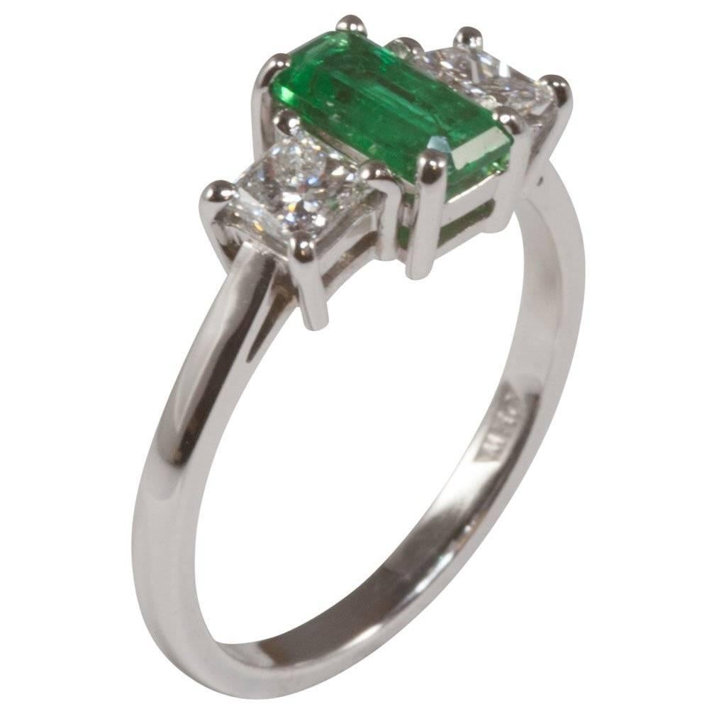 Emerald Diamond Three Stone Engagement Ring, 18 Carat White Gold, Pre-Owned