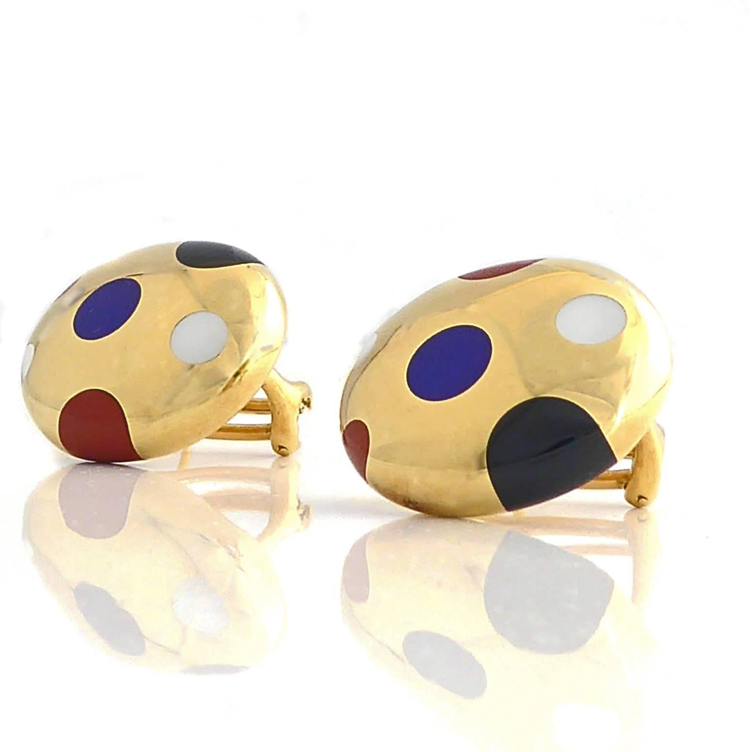 Wonderfully joyful and playful earrings designed by the renowned Tiffany jewellery designer, Angela Cummings.  Oval dome shapes in 18ct yellow gold have been inlaid with semi-precious gemstones - jasper, lapis lazuli, onyx, and mother of