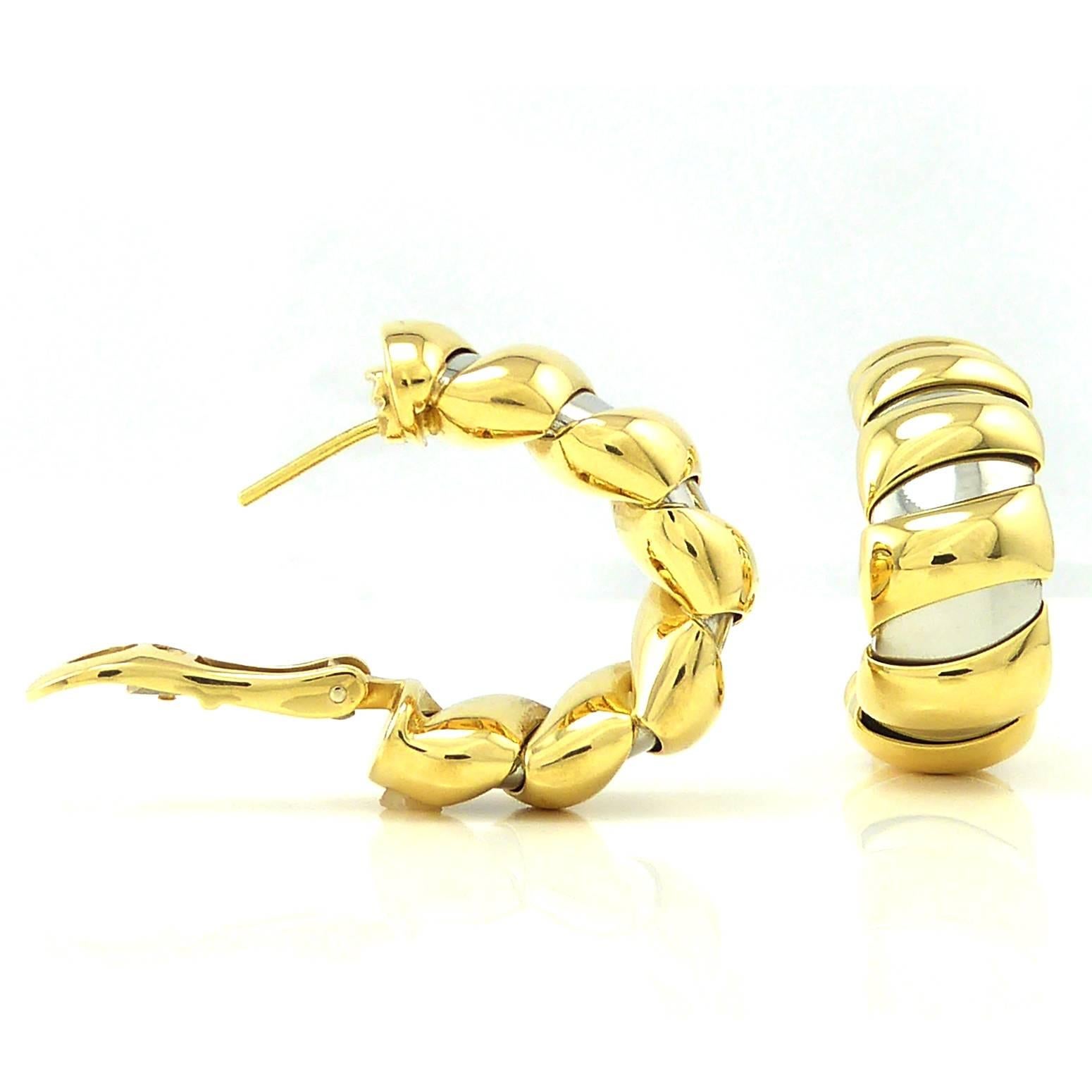 Retro Bulgari Earrings, 18 Carat Gold Steel Banded Hoops, Tubogas Design