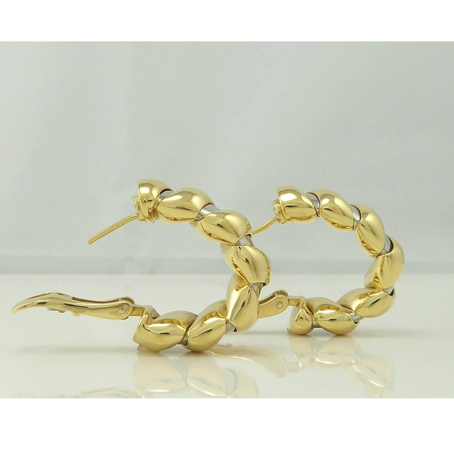 Bulgari Earrings, 18 Carat Gold Steel Banded Hoops, Tubogas Design In Excellent Condition In Yorkshire, West Yorkshire