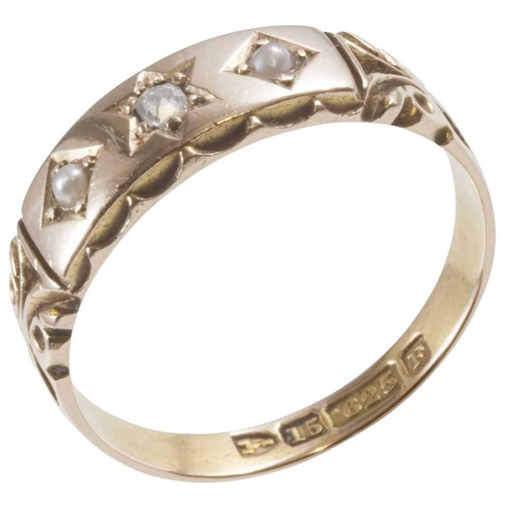 Victorian Diamond and Pearl Ring, Hallmarked Chester, 1889, 15 Carat Gold
