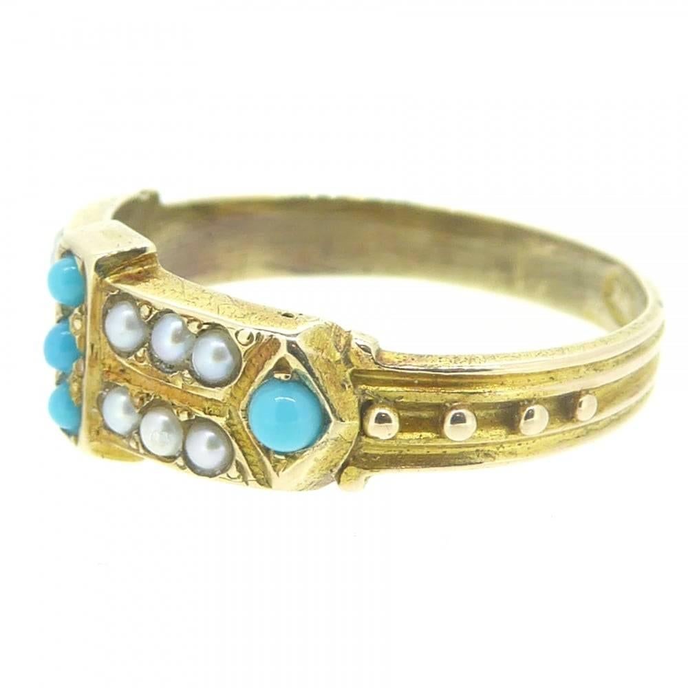 Antique Victorian Turquoise and Pearl Keeper Ring, Stamped 15 Carat In Excellent Condition In Yorkshire, West Yorkshire