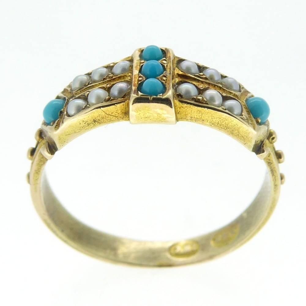 Women's or Men's Antique Victorian Turquoise and Pearl Keeper Ring, Stamped 15 Carat
