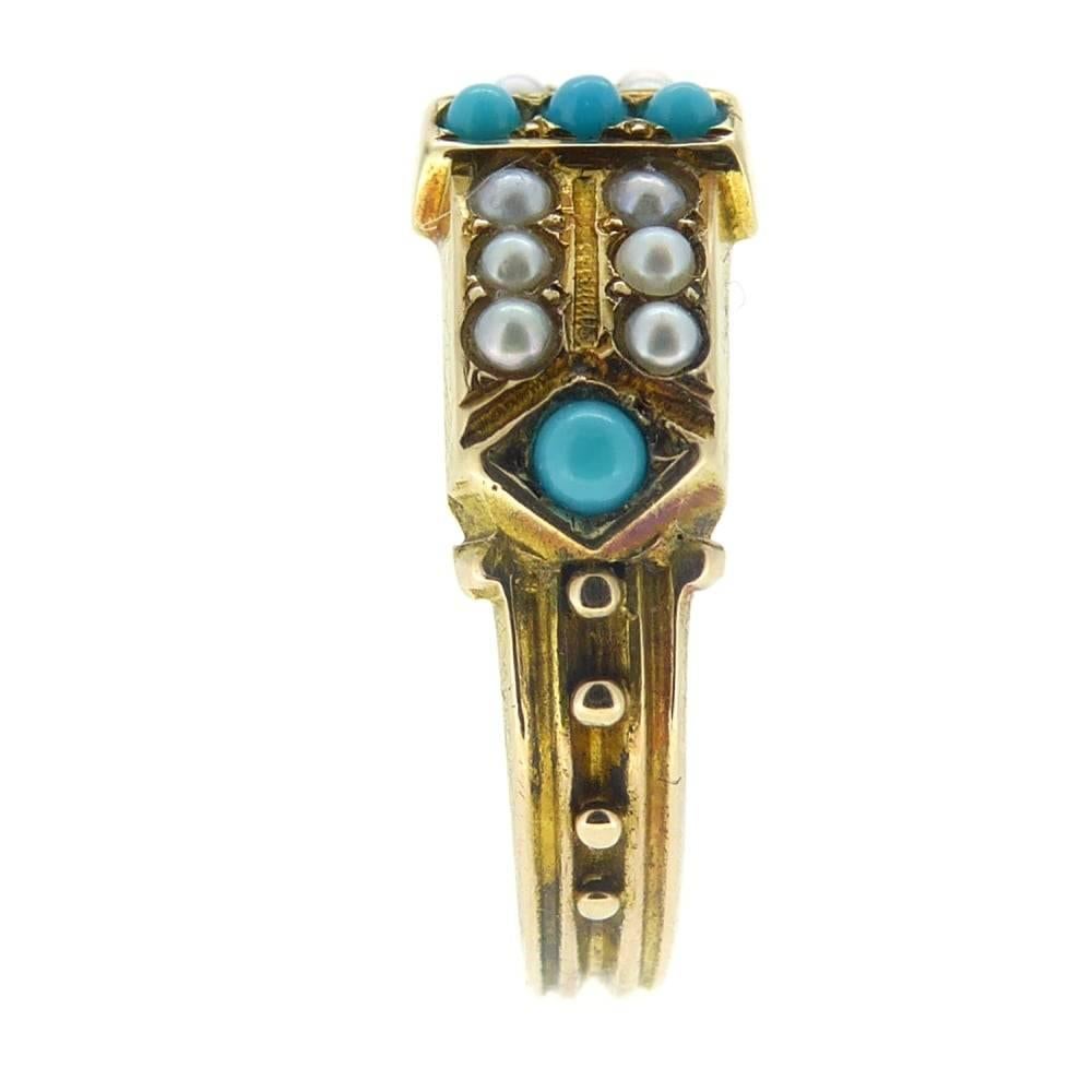 Antique Victorian Turquoise and Pearl Keeper Ring, Stamped 15 Carat 1
