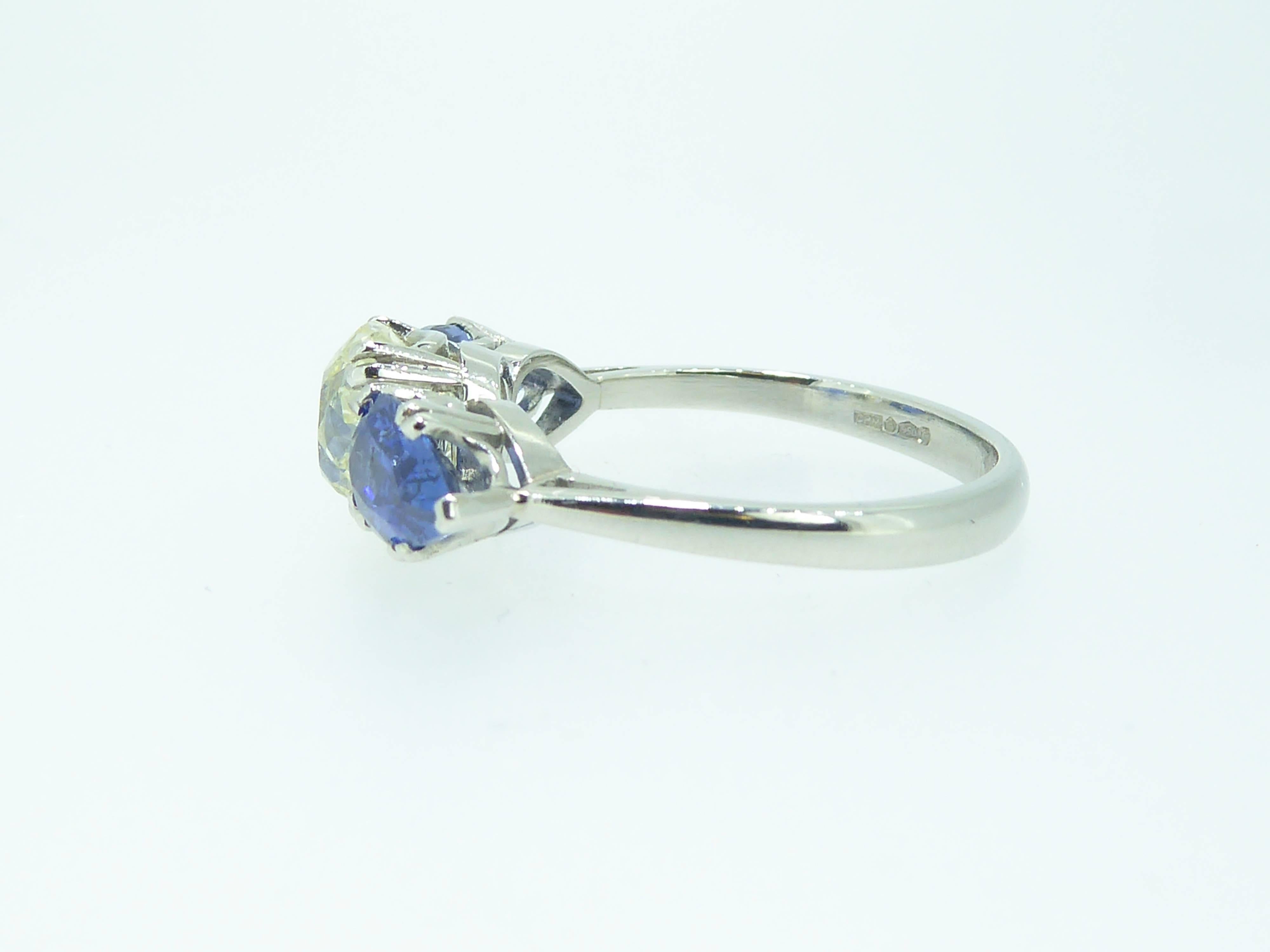 Art Deco Ring Old Cushion Cut Diamond 1.90 Carat, Pear Shaped Sapphires 2.44 Carat