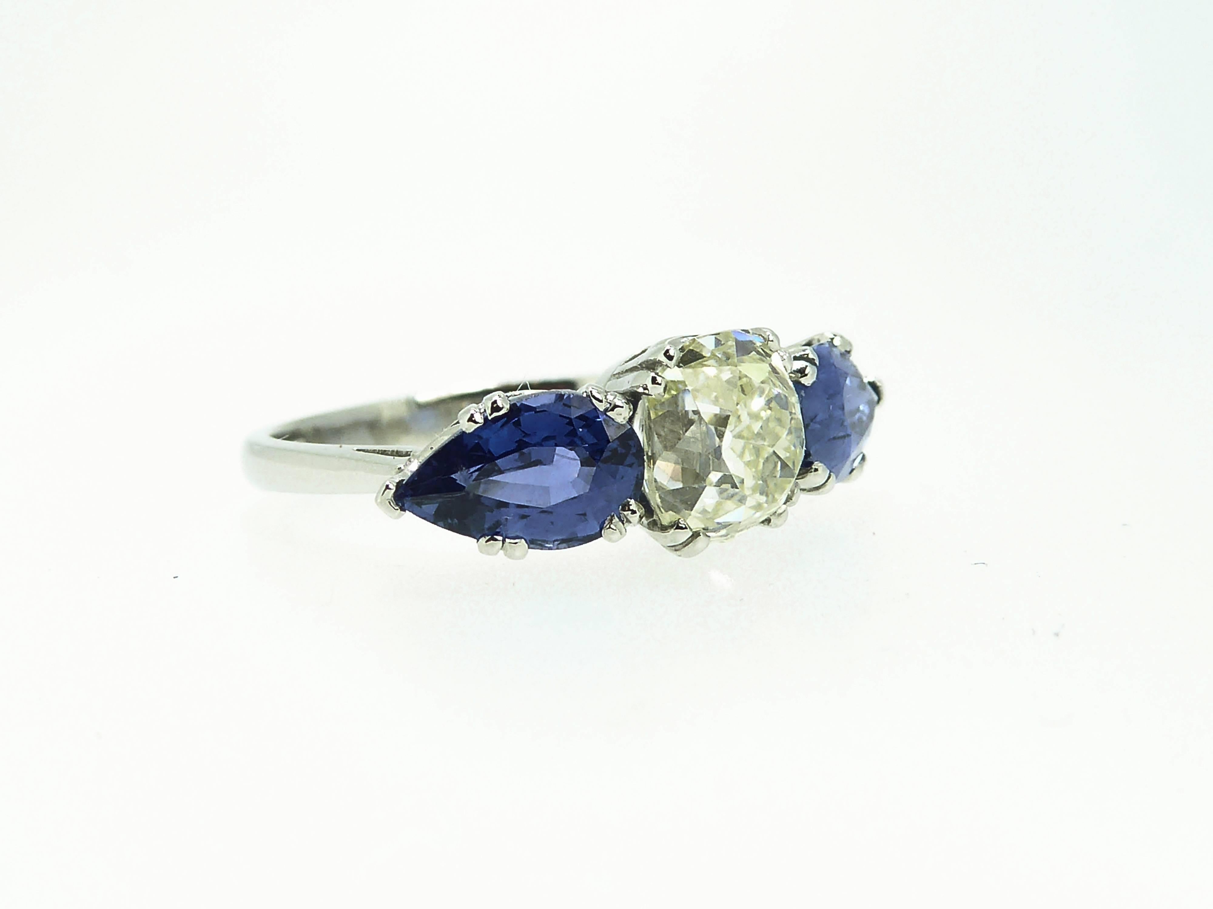 Ring Old Cushion Cut Diamond 1.90 Carat, Pear Shaped Sapphires 2.44 Carat In Excellent Condition In Yorkshire, West Yorkshire