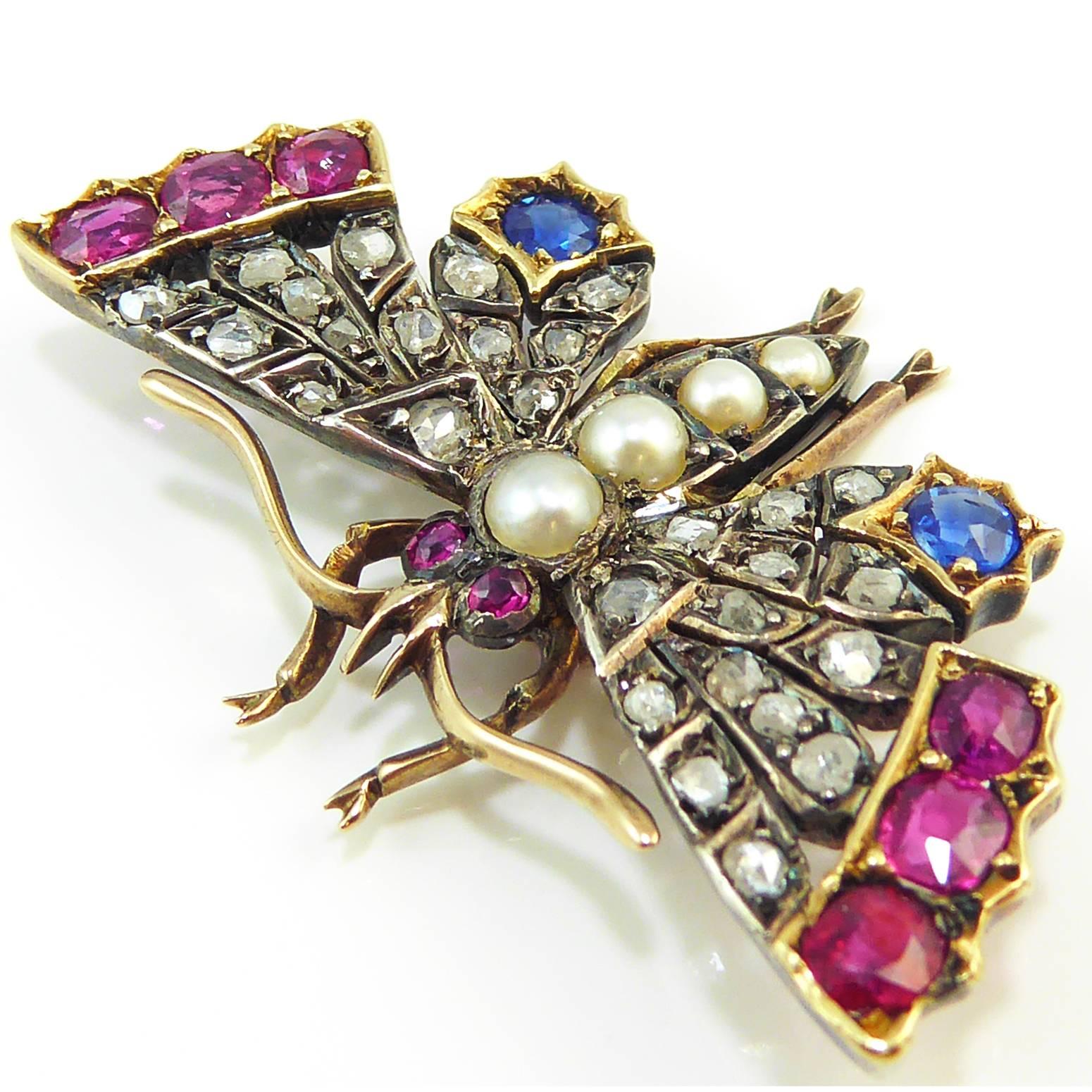 Victorian Butterfly Pendant or Brooch, Diamond, Ruby and Sapphire In Excellent Condition In Yorkshire, West Yorkshire