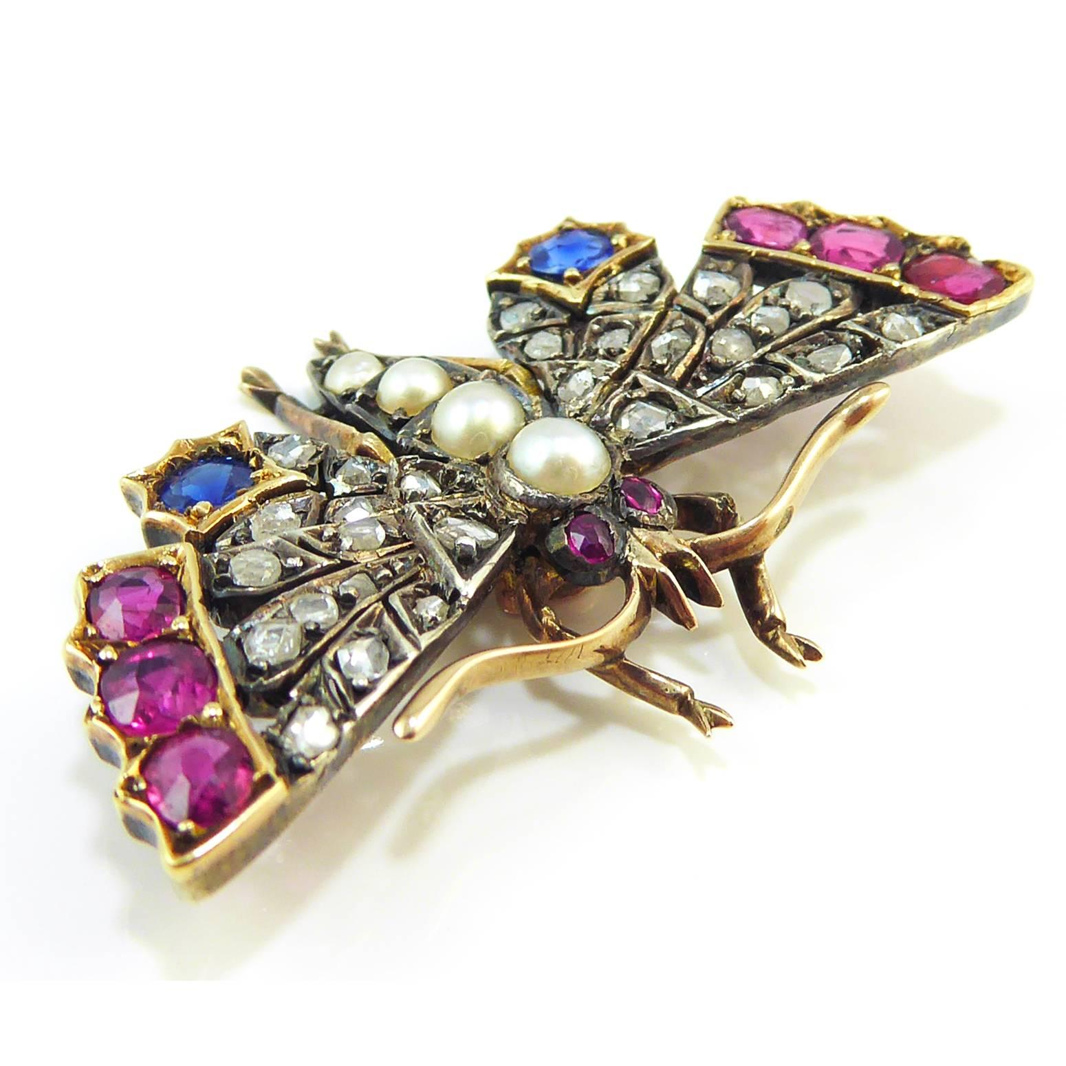 Victorian Butterfly Pendant or Brooch, Diamond, Ruby and Sapphire 4