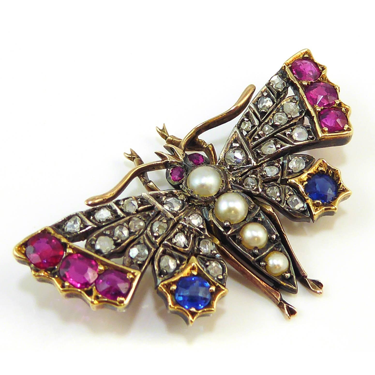 Women's Victorian Butterfly Pendant or Brooch, Diamond, Ruby and Sapphire