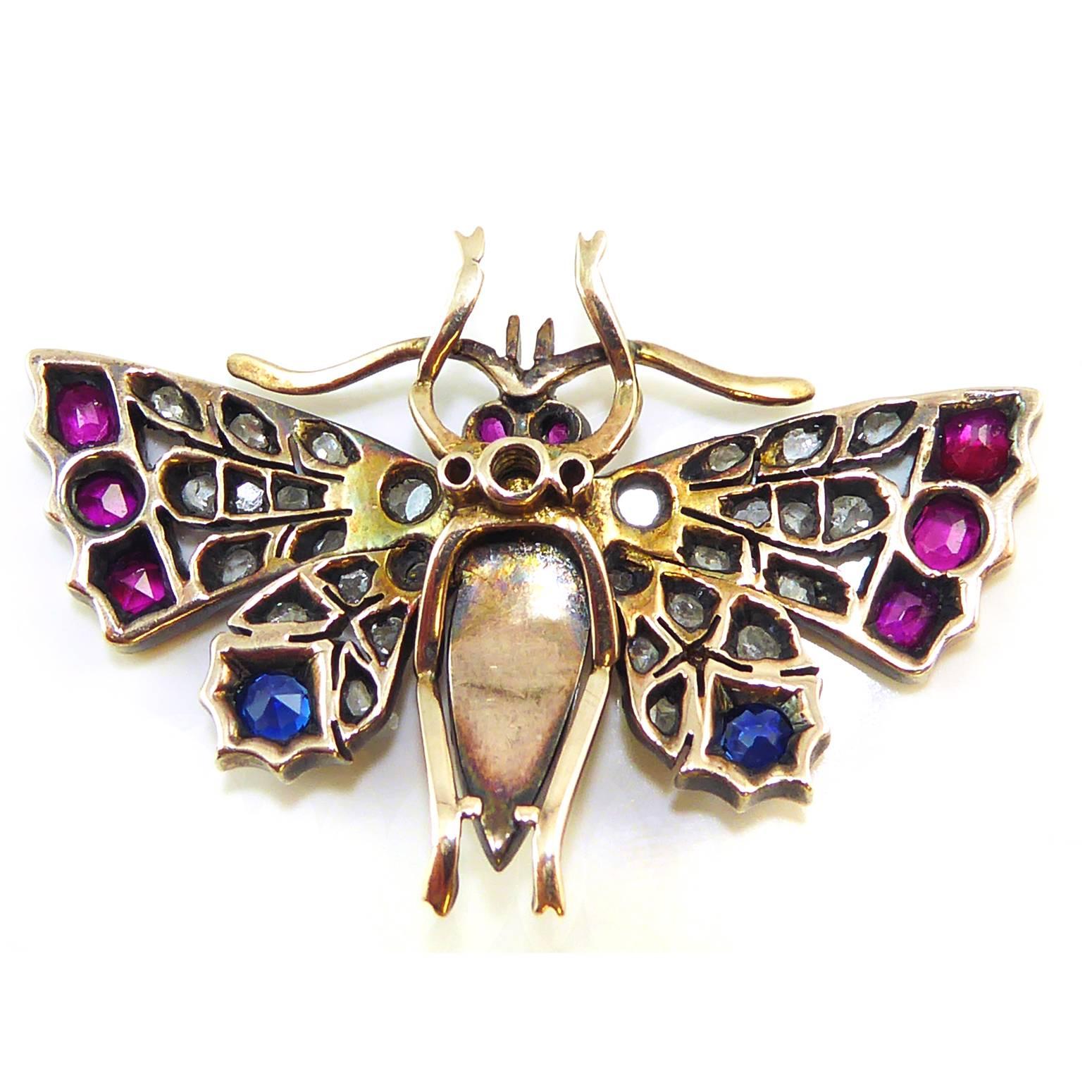 Victorian Butterfly Pendant or Brooch, Diamond, Ruby and Sapphire 6