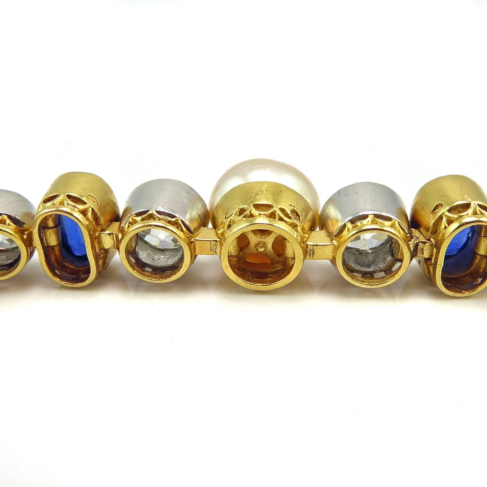  Art Deco Diamond, Sapphire & Natural Pearl Line Bracelet, 18Ct Gold & Platinum In Excellent Condition In Yorkshire, West Yorkshire