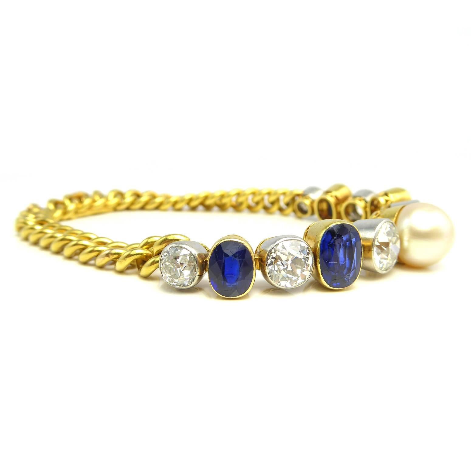 Women's  Art Deco Diamond, Sapphire & Natural Pearl Line Bracelet, 18Ct Gold & Platinum
