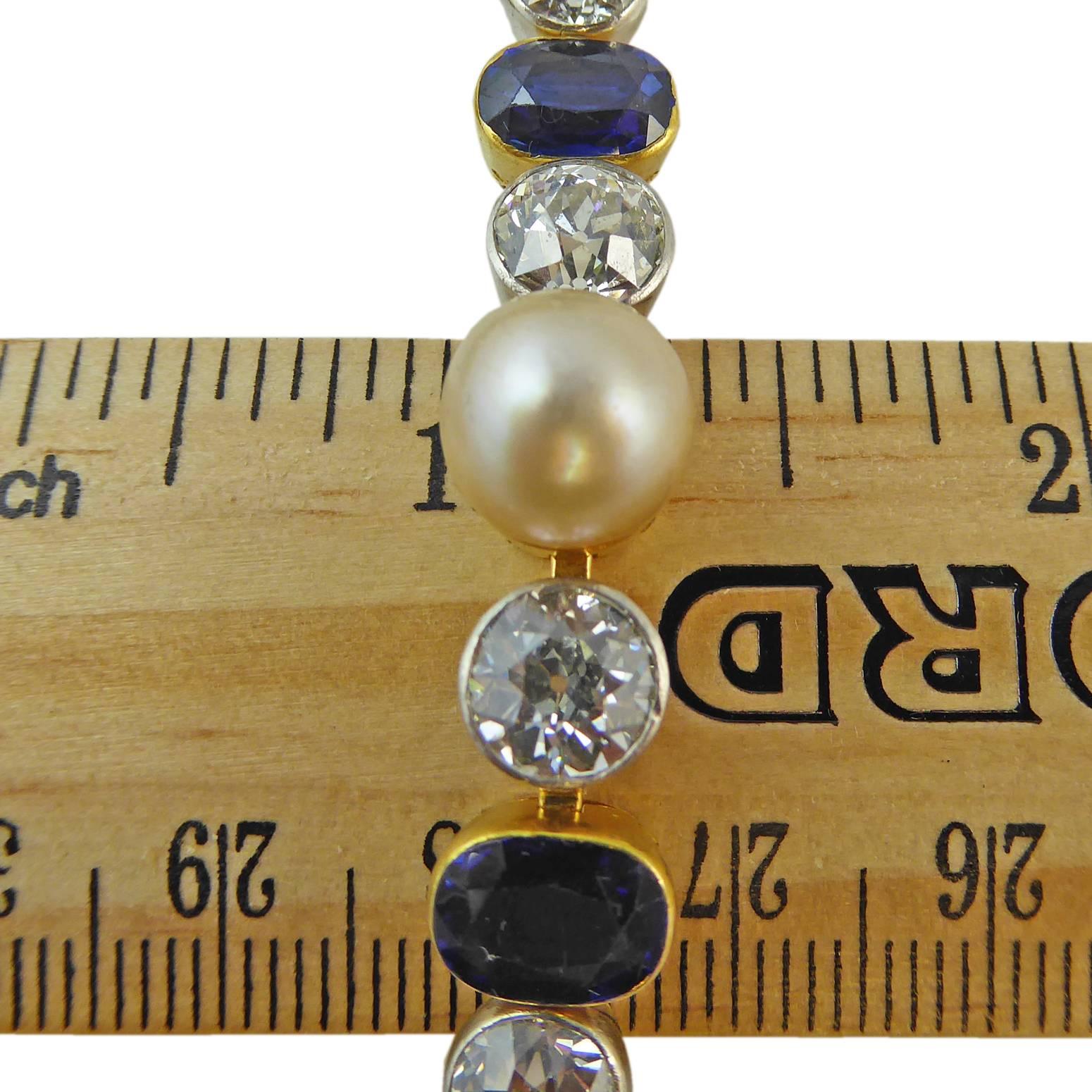  Art Deco Diamond, Sapphire & Natural Pearl Line Bracelet, 18Ct Gold & Platinum 1