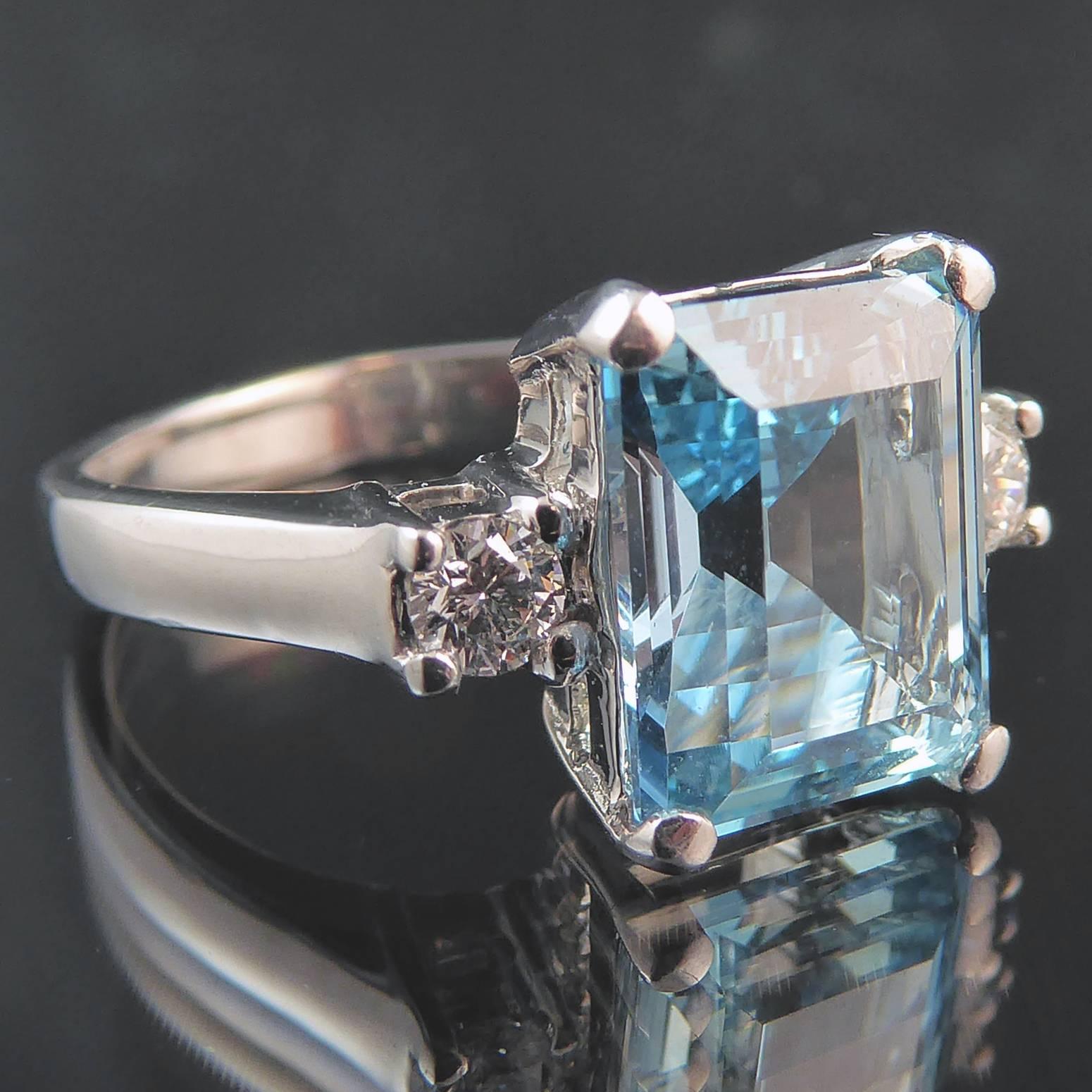 Art Deco Emerald Cut Aquamarine Engagement Ring 3.0 Carat, 0.22 Carat Diamond Accents
