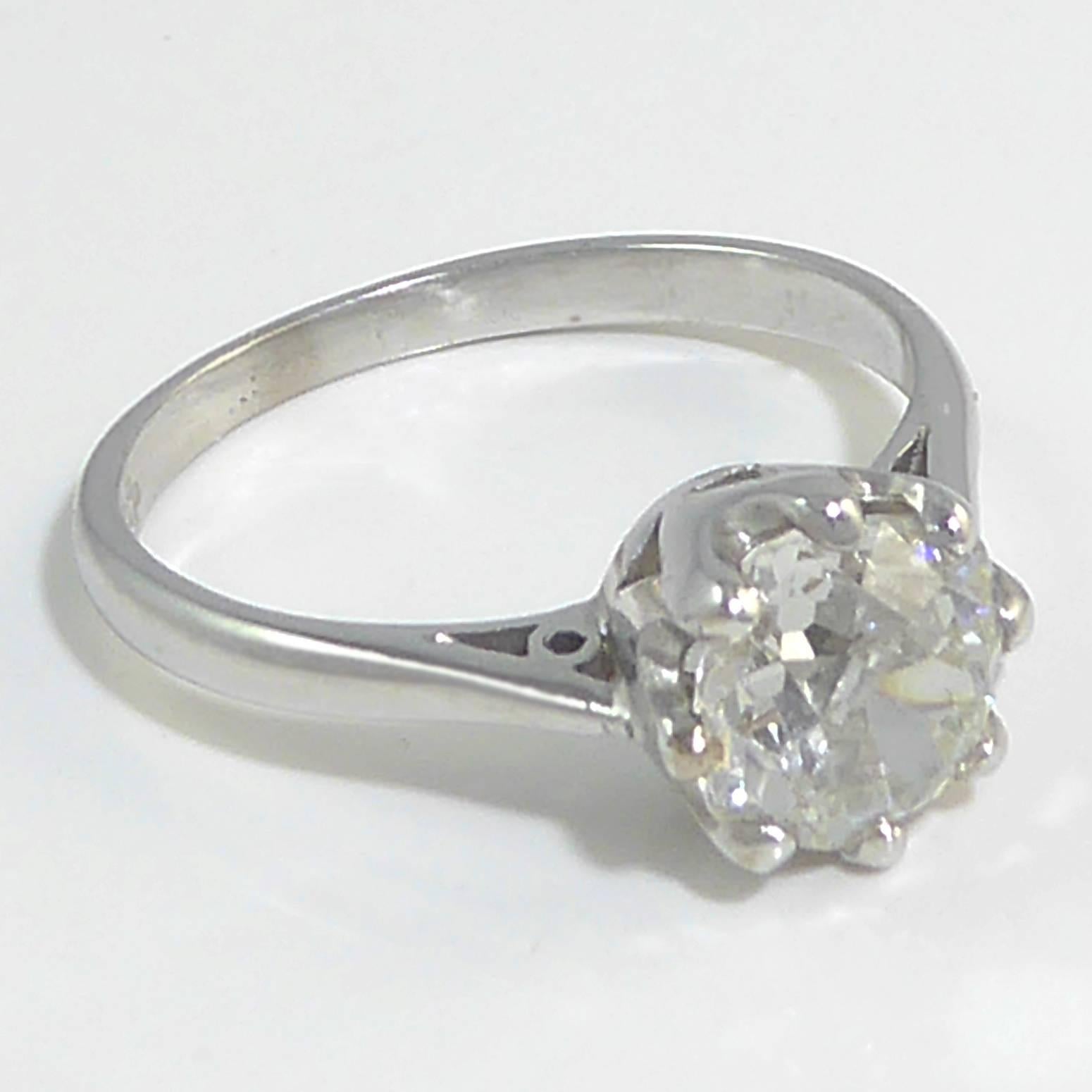 A diamond set single stone ring comprising an old European cut diamond, 1.72ct and measurig 7.73 to 7.84mm diameter.  The diamond is accompanied by a certificate issued by EGL International (report no. 2360234626) stating the diamond weight of