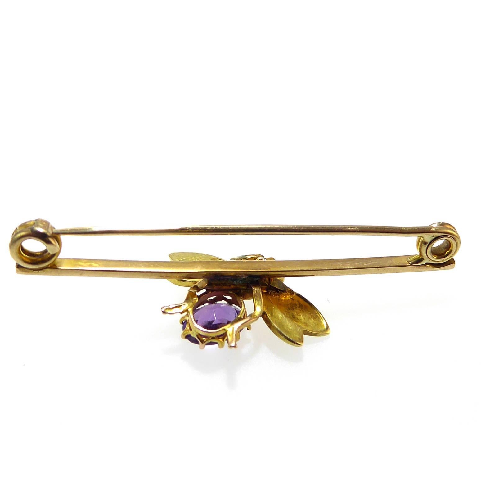 Antique Victorian Amethyst and Pearl Bee Brooch, 15 Carat Gold Bar 1