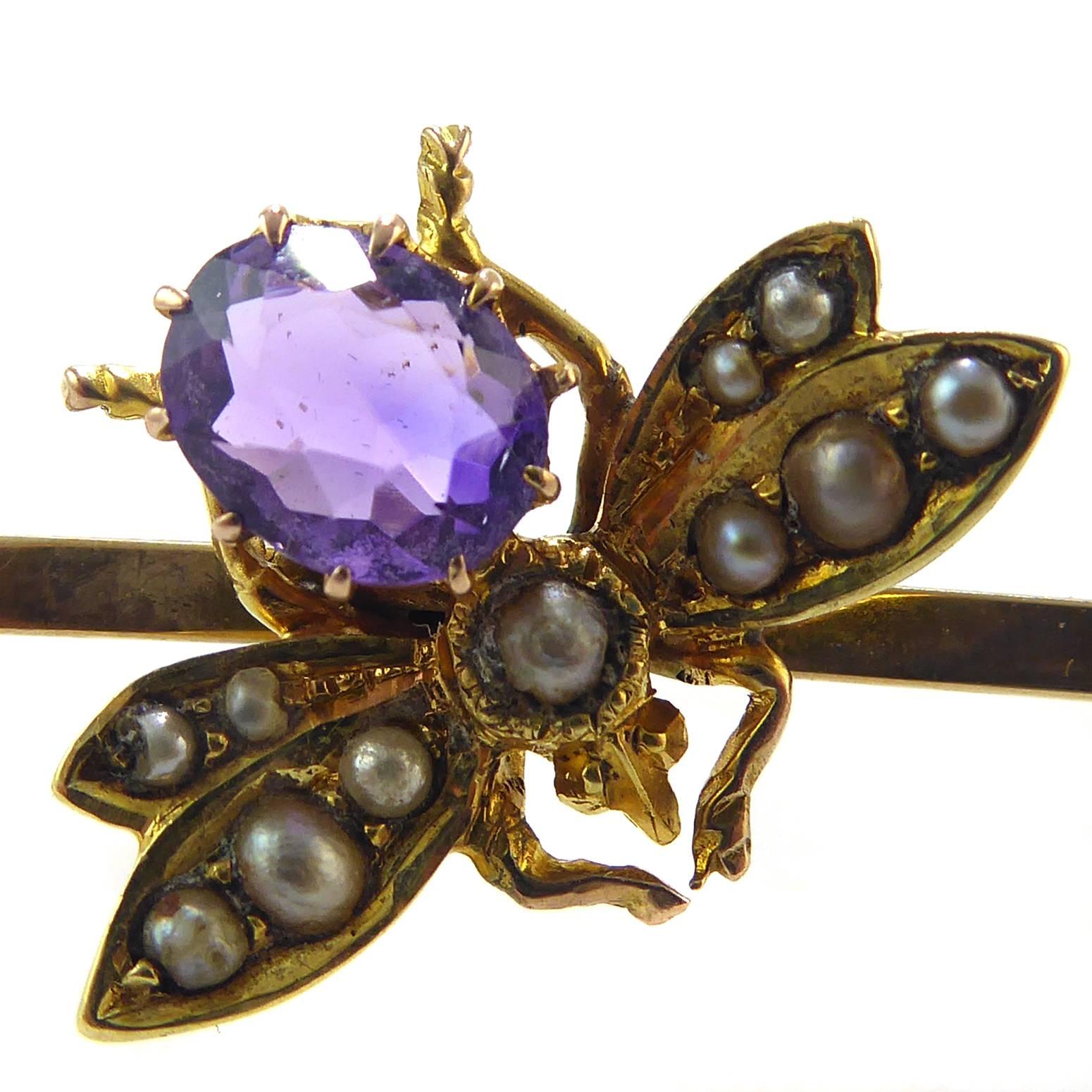 Antique Victorian Amethyst and Pearl Bee Brooch, 15 Carat Gold Bar In Excellent Condition In Yorkshire, West Yorkshire