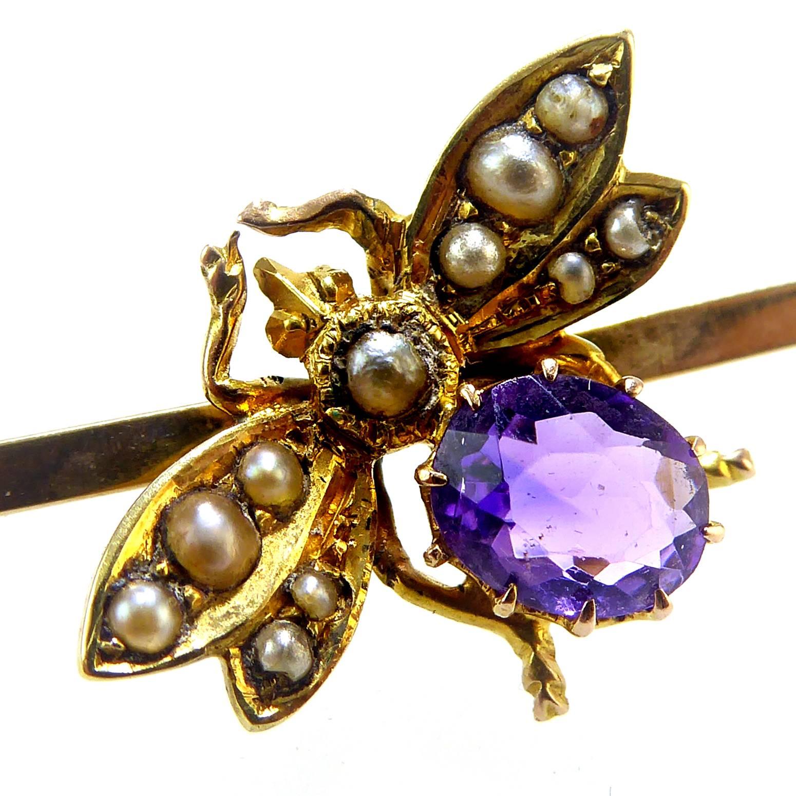 Antique Victorian Amethyst and Pearl Bee Brooch, 15 Carat Gold Bar 2