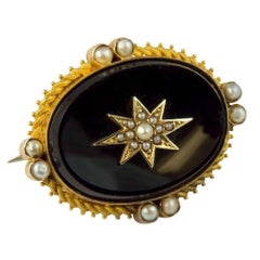 Victorian Onyx and Pearl Mourning Brooch, 15 Carat Gold