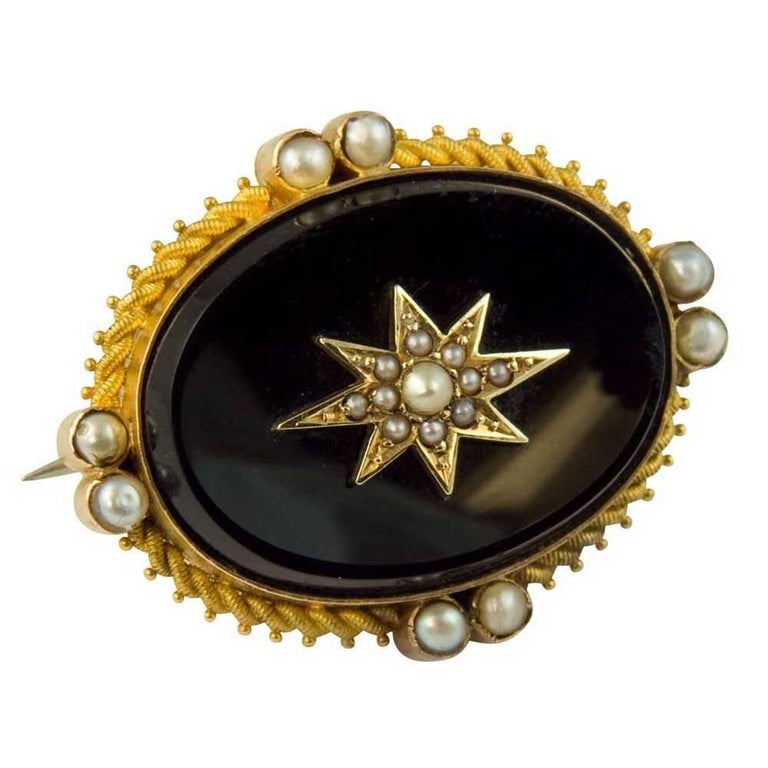 Victorian Onyx and Pearl Mourning Brooch, 15 Carat Gold at 1stDibs