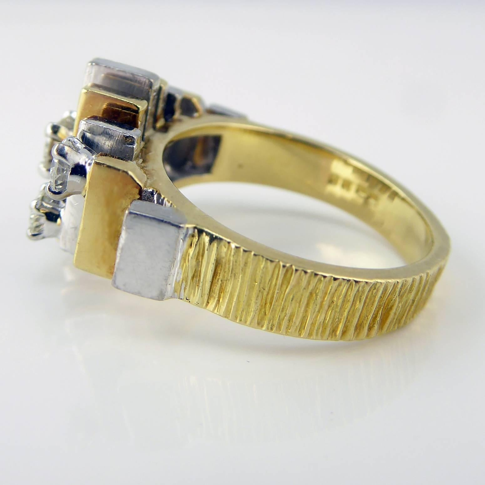 Modern 1970s Diamond Five-Stone Ring, Bark Finish Gold Band, Hallmarked London 1970