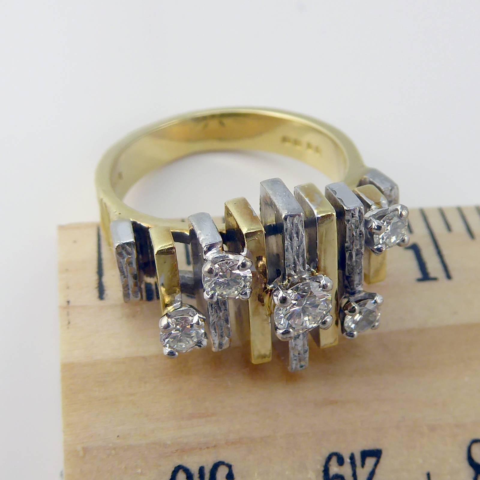 Women's 1970s Diamond Five-Stone Ring, Bark Finish Gold Band, Hallmarked London 1970