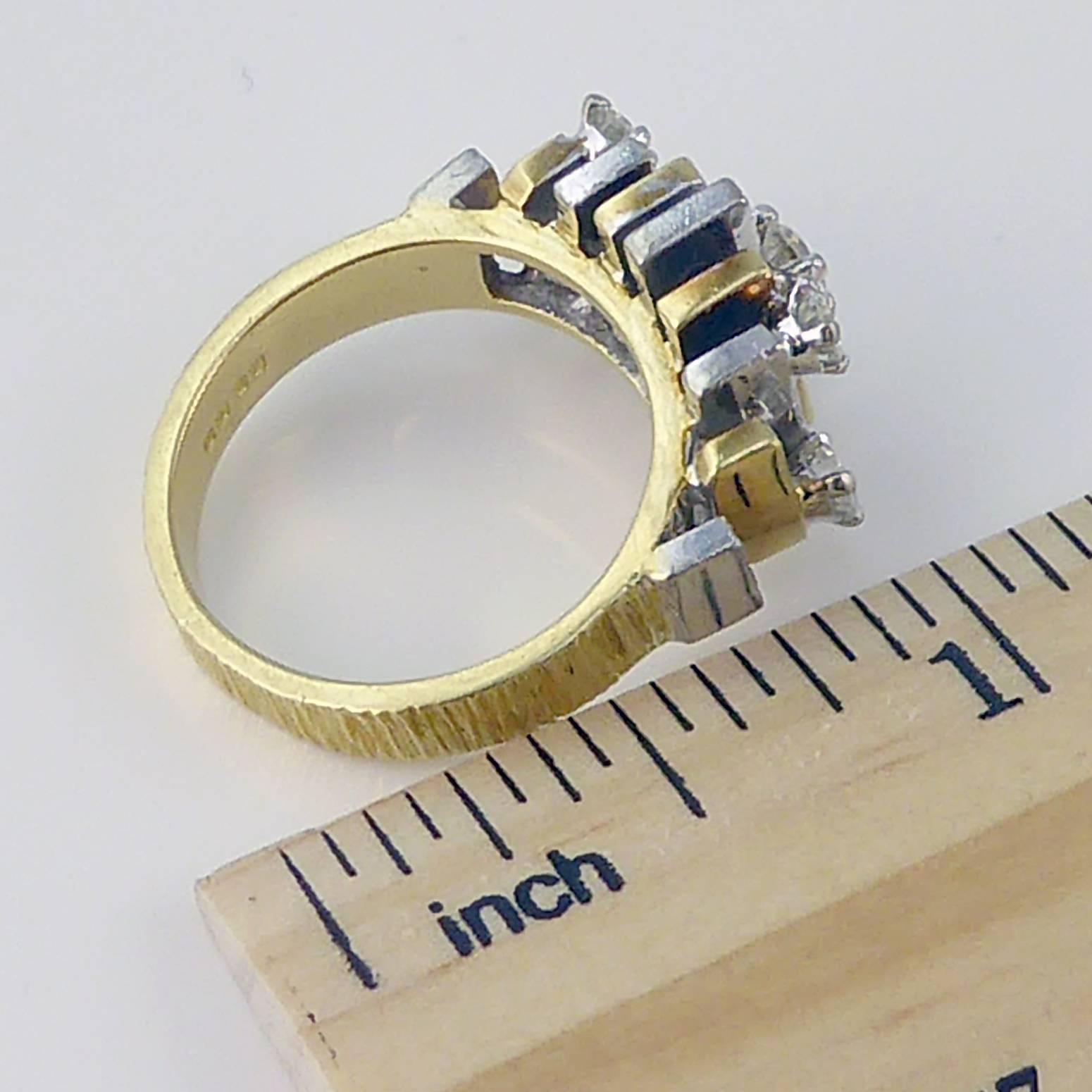 1970s Diamond Five-Stone Ring, Bark Finish Gold Band, Hallmarked London 1970 1