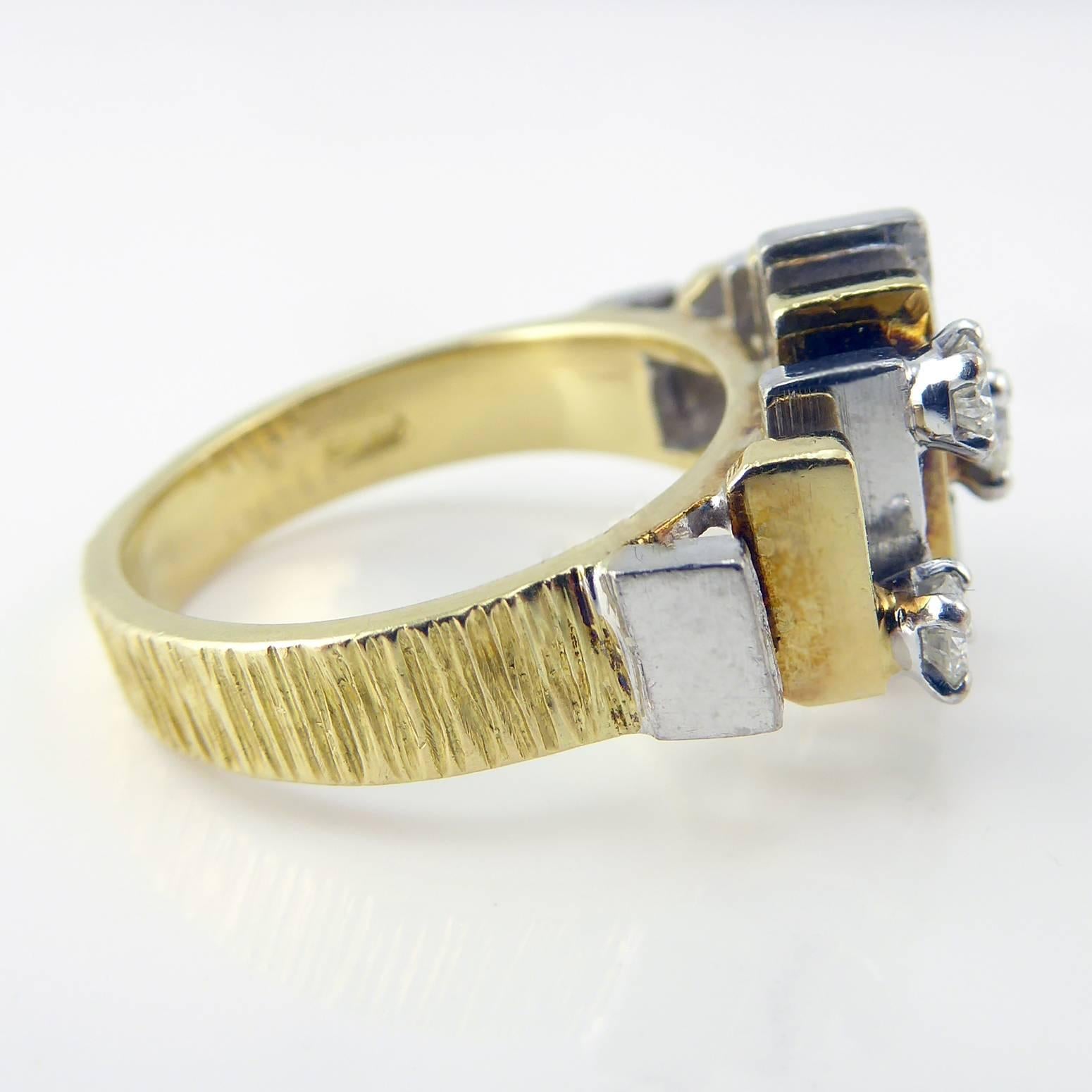 1970s Diamond Five-Stone Ring, Bark Finish Gold Band, Hallmarked London 1970 2