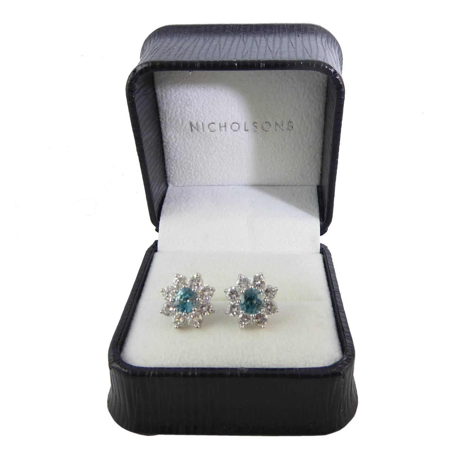Vintage Earrings, Diamond and Blue Zircon Cluster Studs, 18 Carat White Gold