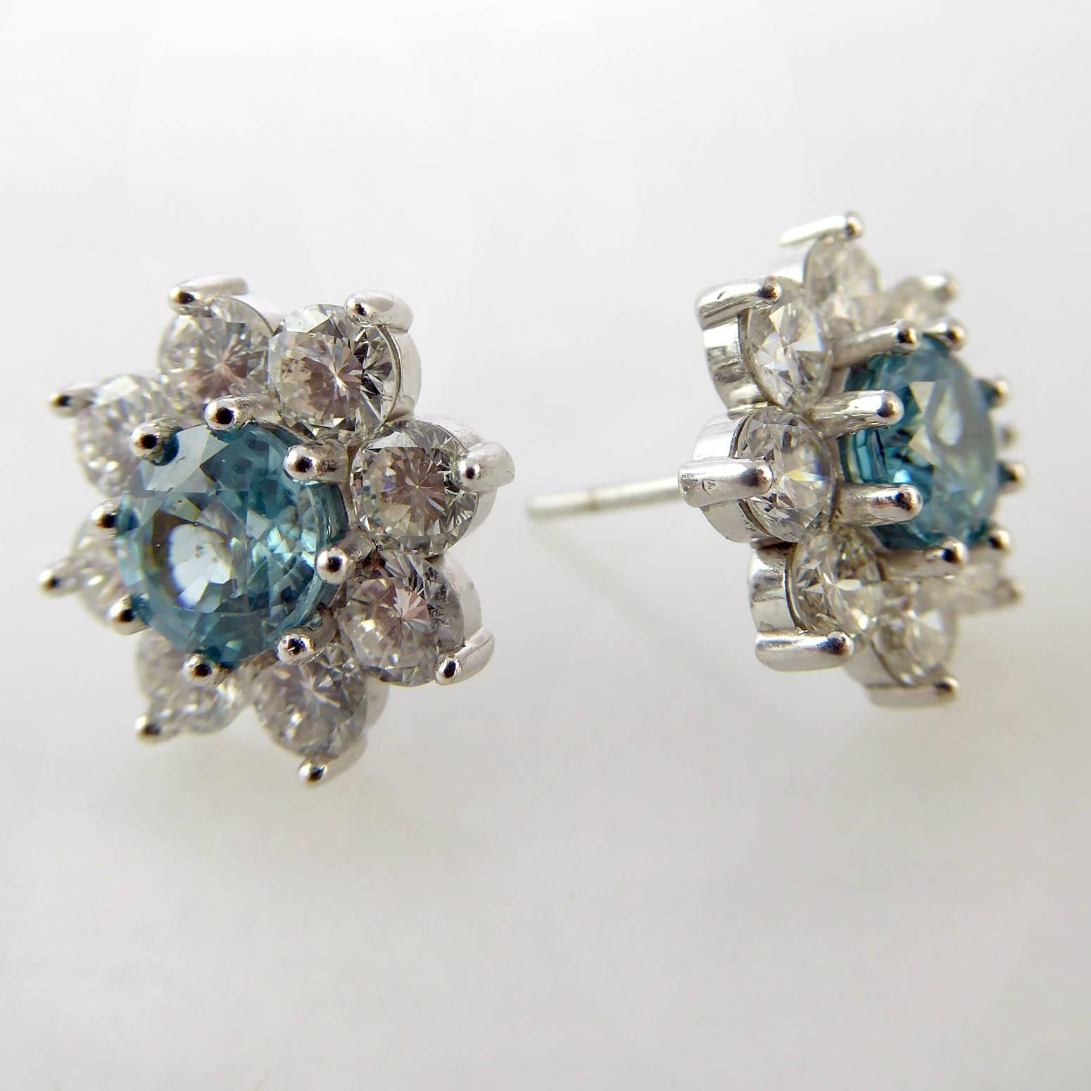 Women's Vintage Earrings, Diamond and Blue Zircon Cluster Studs, 18 Carat White Gold