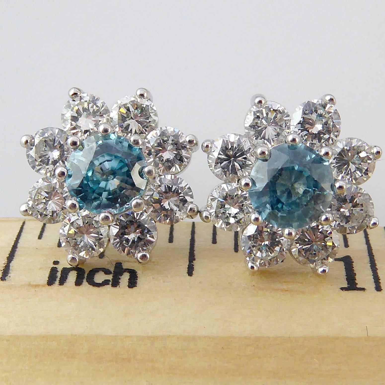 Vintage Earrings, Diamond and Blue Zircon Cluster Studs, 18 Carat White Gold 1