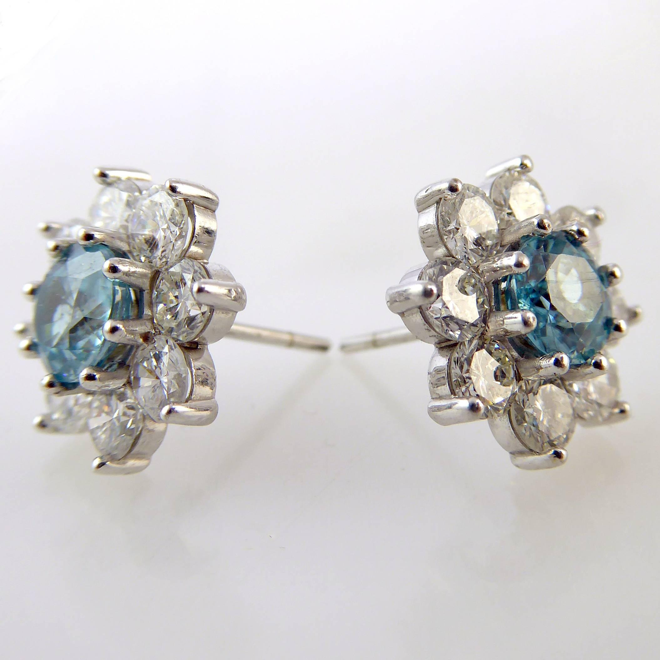 Vintage Earrings, Diamond and Blue Zircon Cluster Studs, 18 Carat White Gold 2