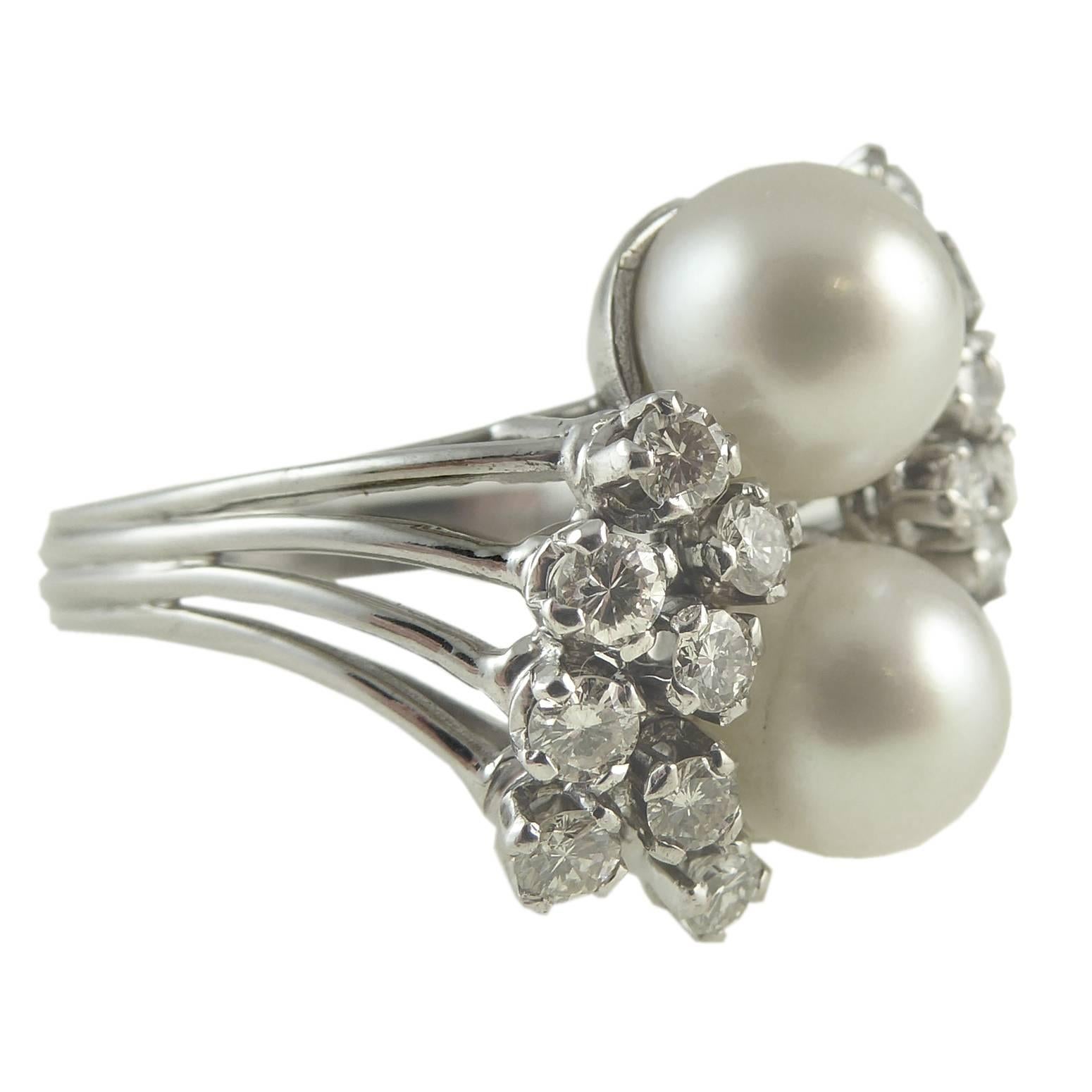Retro Vintage Diamond and Pearl Cocktail Cluster Ring in 18 Carat White Gold