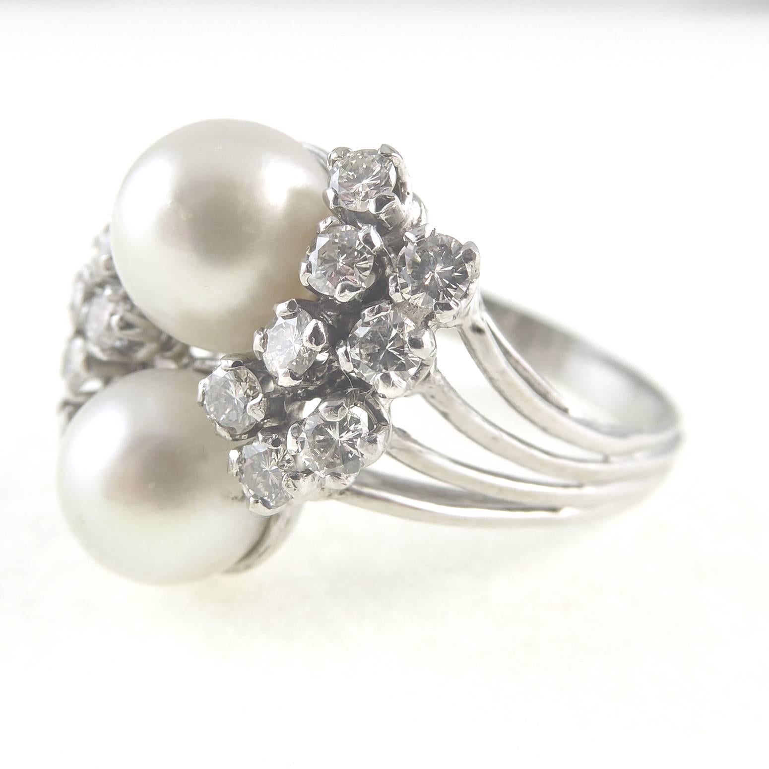 Vintage Diamond and Pearl Cocktail Cluster Ring in 18 Carat White Gold In Excellent Condition In Yorkshire, West Yorkshire