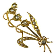 Antique Pearl Lily of the Valley Victorian Brooch, 15 Carat Gold, circa 1900s