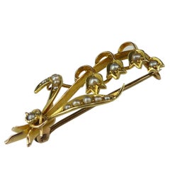 Antique Pearl Lily of the Valley Victorian Brooch, 15 Carat Gold, circa 1900s