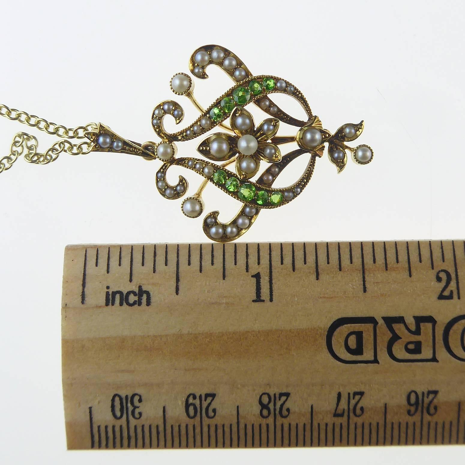Antique Art Nouveau Pendant, 15 Carat Gold with Demantoid Garnet and Seed Pearls 3