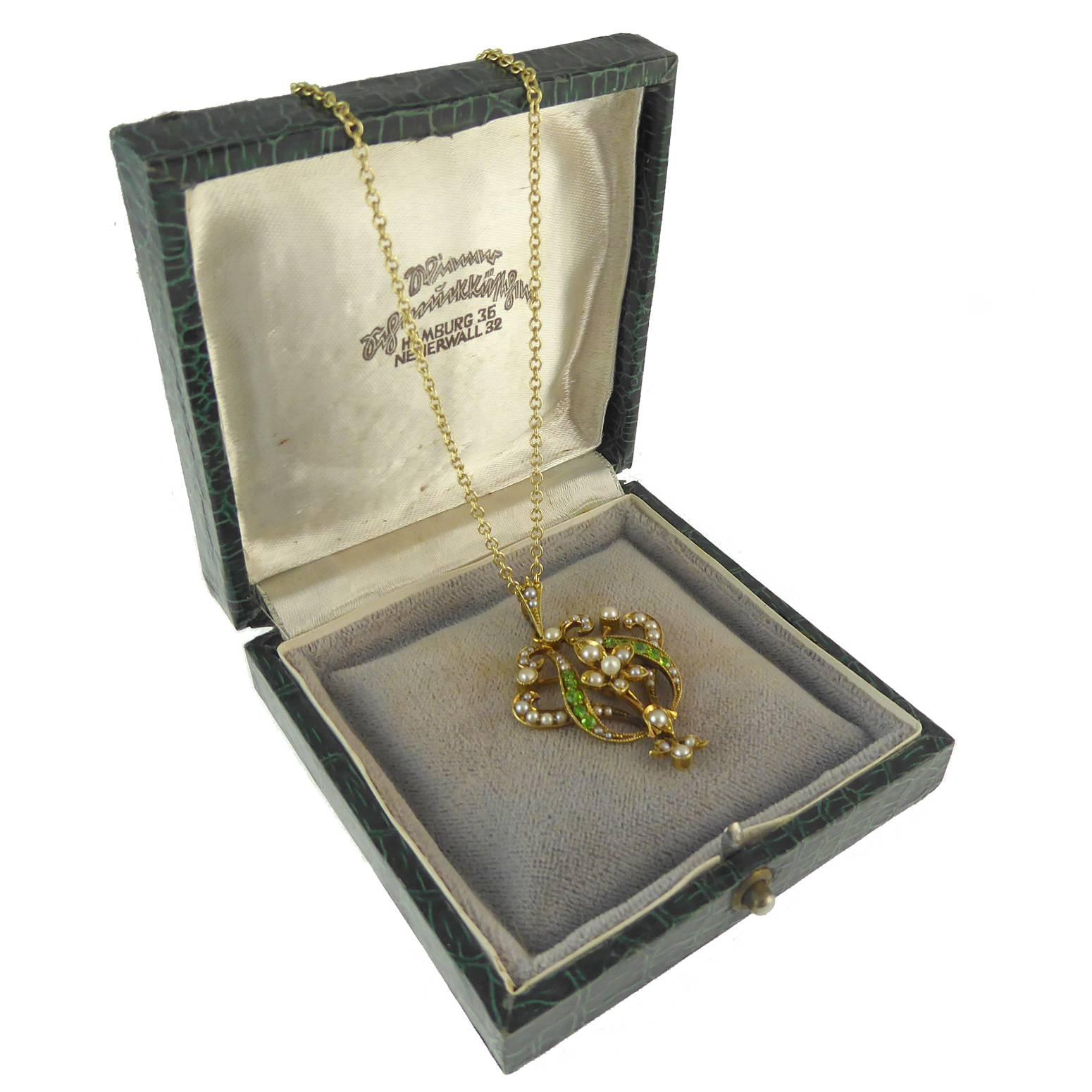 Women's Antique Art Nouveau Pendant, 15 Carat Gold with Demantoid Garnet and Seed Pearls
