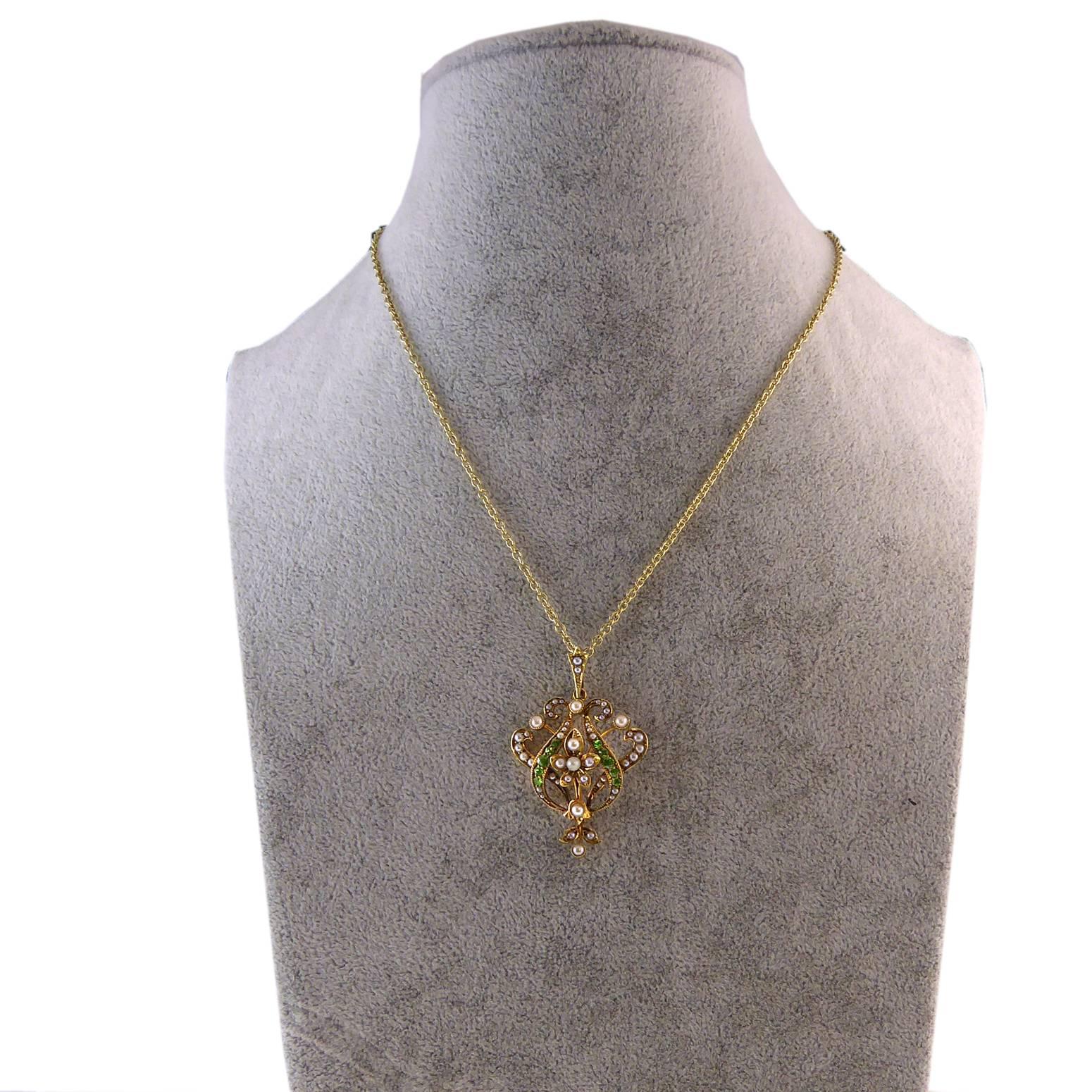Antique Art Nouveau Pendant, 15 Carat Gold with Demantoid Garnet and Seed Pearls 1